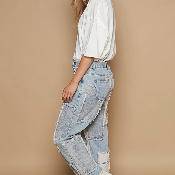 POL Blue and Cream Patchwork Boyfriend Jeans - Picture 5 of 6